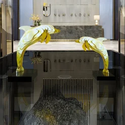 Statues & Sculptures Floor Standing|Abstract-Aqua Dolphin 105cm Gold Metal Garden Sculpture