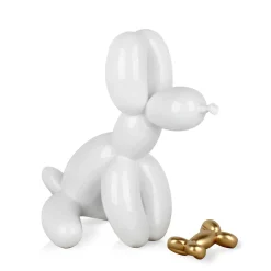 Statues & Sculptures Table Top|Floor Standing-Balloon Dog & Bone 28cm White Resin Indoor Sculpture