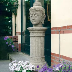 Statues & Sculptures Buddha-Buddha Head Stone Garden Ornament on Pedestal