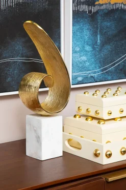 Statues & Sculptures Table Top|Abstract-Curved Reflection 50cm Gold Metal Indoor Sculpture