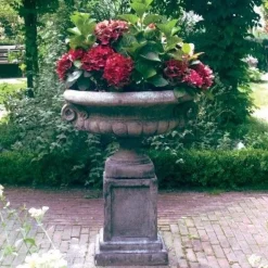 Statues & Sculptures Large|Round-Edwardian Stone Garden Planter on Plain Pedestal