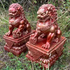 Statues & Sculptures Lions-Foo Dogs 45cm Red Chinese Garden Statues