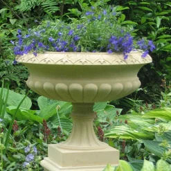 Statues & Sculptures Large|Round-Georgian Tazza Stone Garden Planter on Pedestal