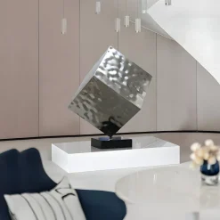 Statues & Sculptures Table Top|Abstract-Hyper Cube 75cm Silver Metal Indoor Sculpture