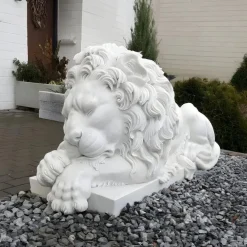 Statues & Sculptures Lions|Modern-Imperial Lion 100cm White Marble Garden Statue