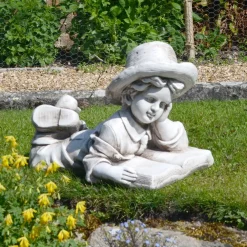 Statues & Sculptures Children-Laying Reading Boy 36cm Stone Resin Garden Statue