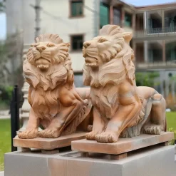 Statues & Sculptures Lions|Modern-Majestic Lion 100cm Yellow Marble Garden Statue