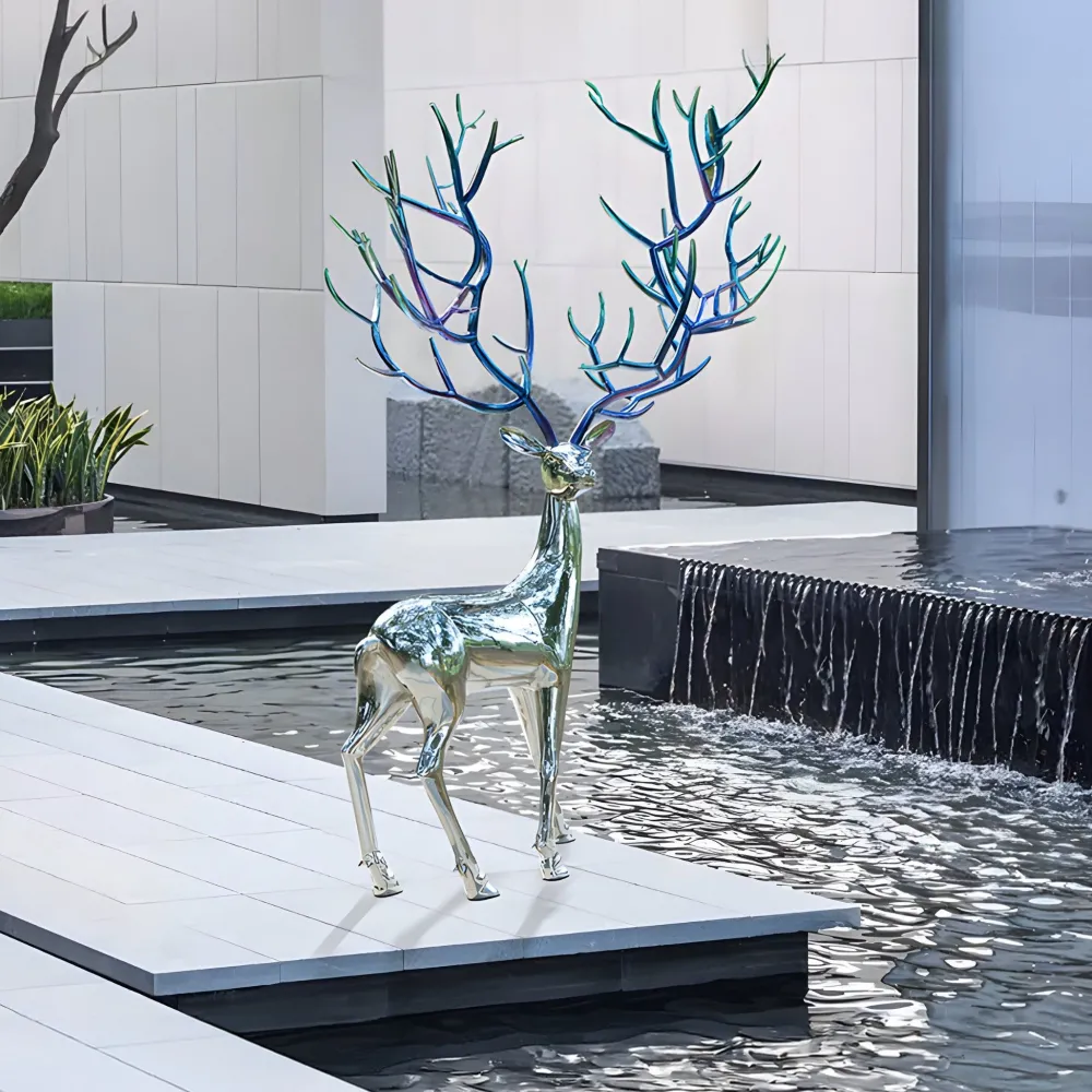 Statues & Sculptures Wildlife|Stags & Deers-Majestic Stag 258cm Silver Metal Garden Sculpture