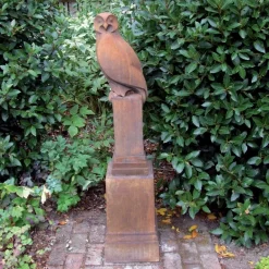 Statues & Sculptures Owls-Owl on Pedestal Modern Stone Garden Statue (Rust)