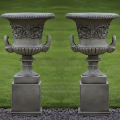 Statues & Sculptures Large|Round-Pair of Grecian Stone Garden Planter Urns on Pedestals