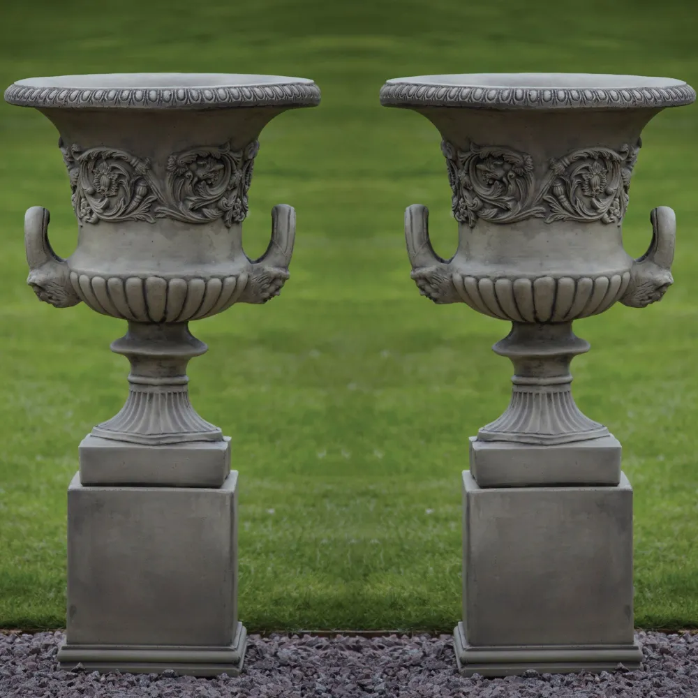 Statues & Sculptures Large|Round-Pair of Grecian Stone Garden Planter Urns on Pedestals