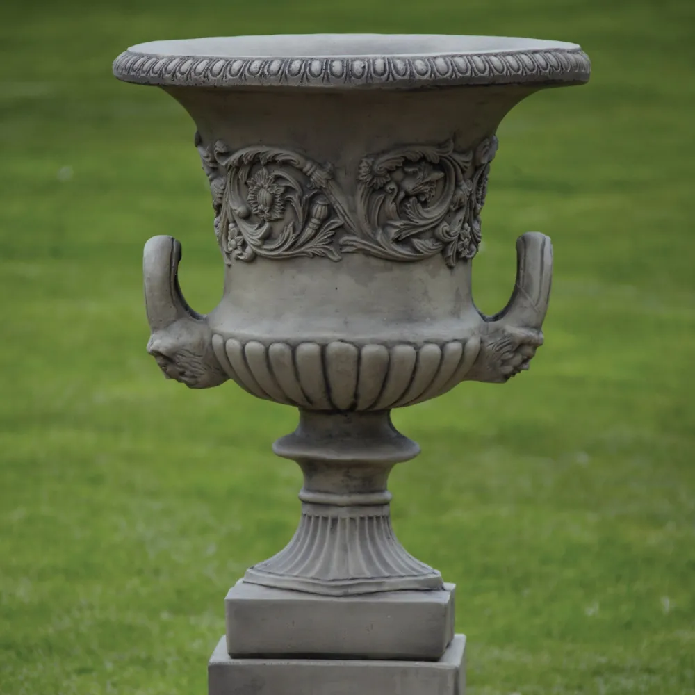 Statues & Sculptures Large|Round-Pair of Grecian Stone Garden Planter Urns on Pedestals