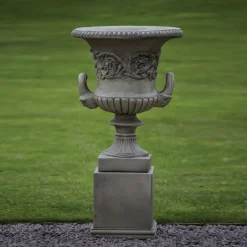 Statues & Sculptures Large|Round-Pair of Grecian Stone Garden Planter Urns on Pedestals