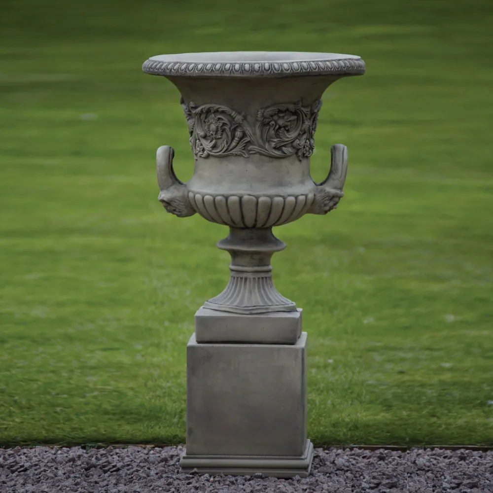 Statues & Sculptures Large|Round-Pair of Grecian Stone Garden Planter Urns on Pedestals