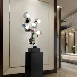 Statues & Sculptures Floor Standing|Low Poly-Polygon Fusion 104cm Silver Metal Indoor Sculpture