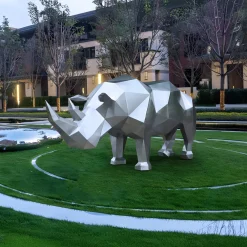 Statues & Sculptures Wildlife|Contemporary-Rhino 100cm Geometric Metal Garden Sculpture