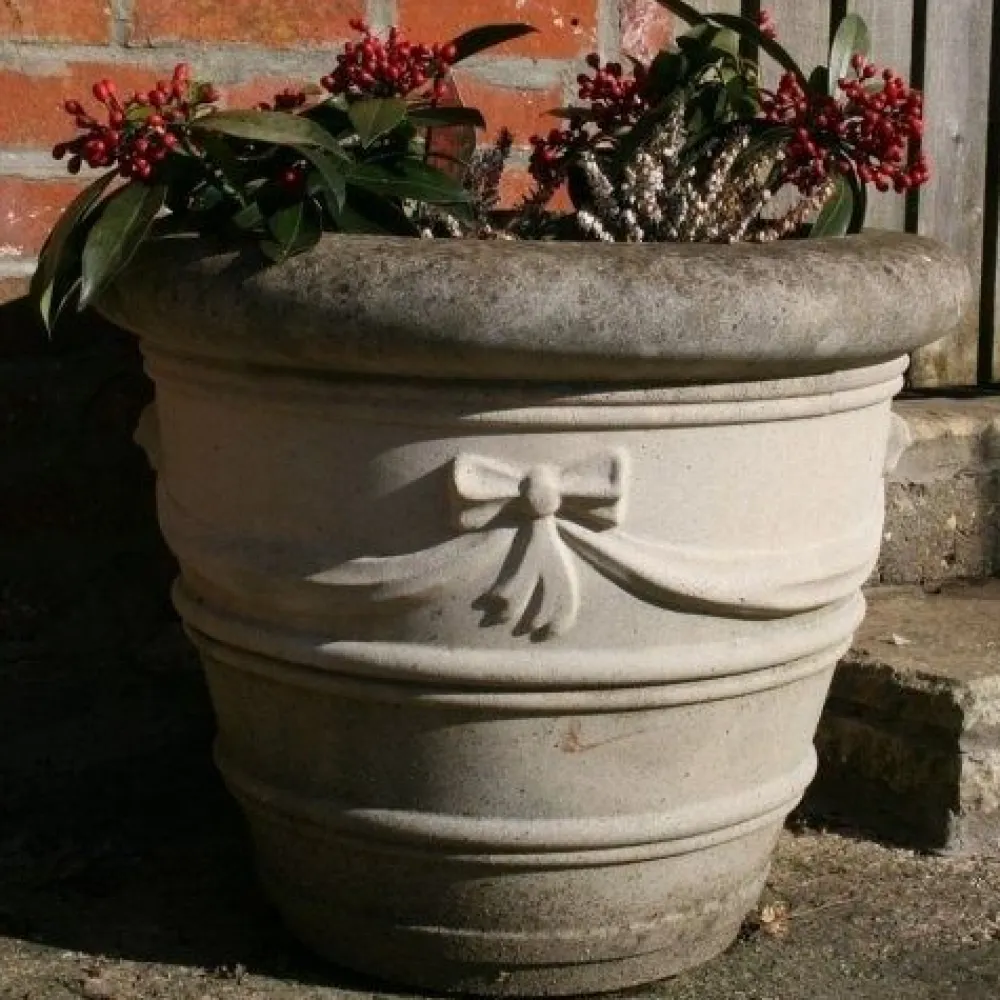 Statues & Sculptures Large|Round-Ribbon Vase 24" Stone Garden Planter
