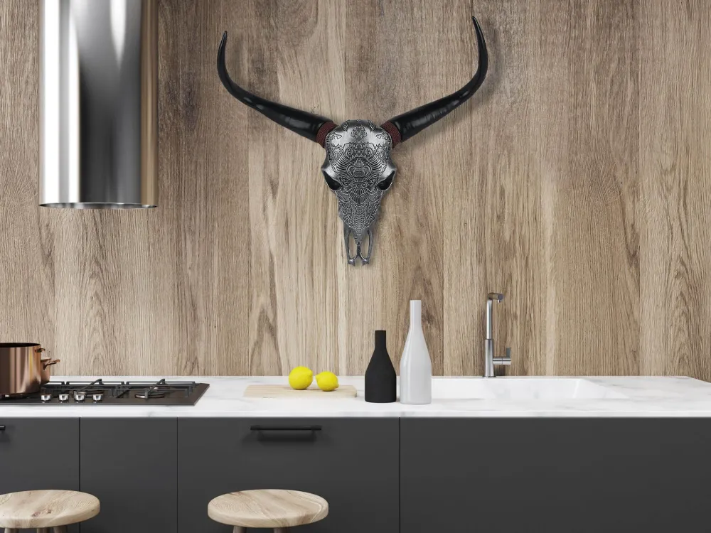 Statues & Sculptures Wall Art|Animals-Sacred Buffalo 63cm Silver Resin Wall Sculpture