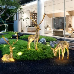 Statues & Sculptures Wildlife|Stags & Deers-Starlight Stag 90cm LED Gold Metal Garden Sculpture