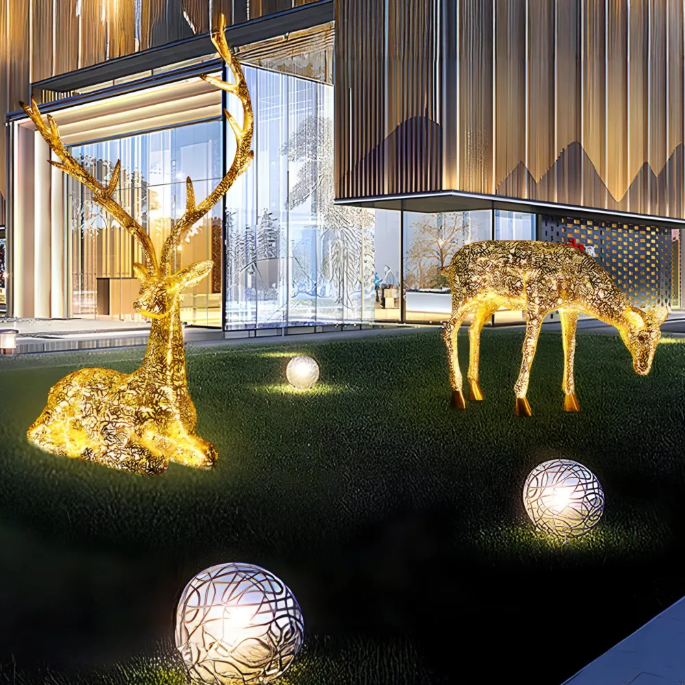 Statues & Sculptures Wildlife|Stags & Deers-Starlight Stag 125cm LED Gold Metal Garden Sculpture