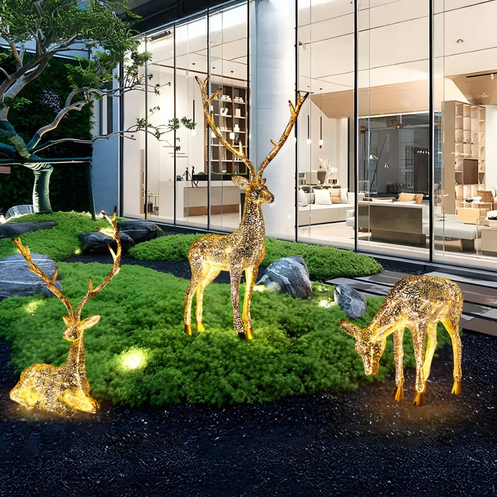 Statues & Sculptures Wildlife|Stags & Deers-Starlight Stag 212cm LED Gold Metal Garden Sculpture