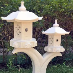 Statues & Sculptures Pagodas-Twin Cantilever Japanese Pagoda Lantern Marble Garden Ornament