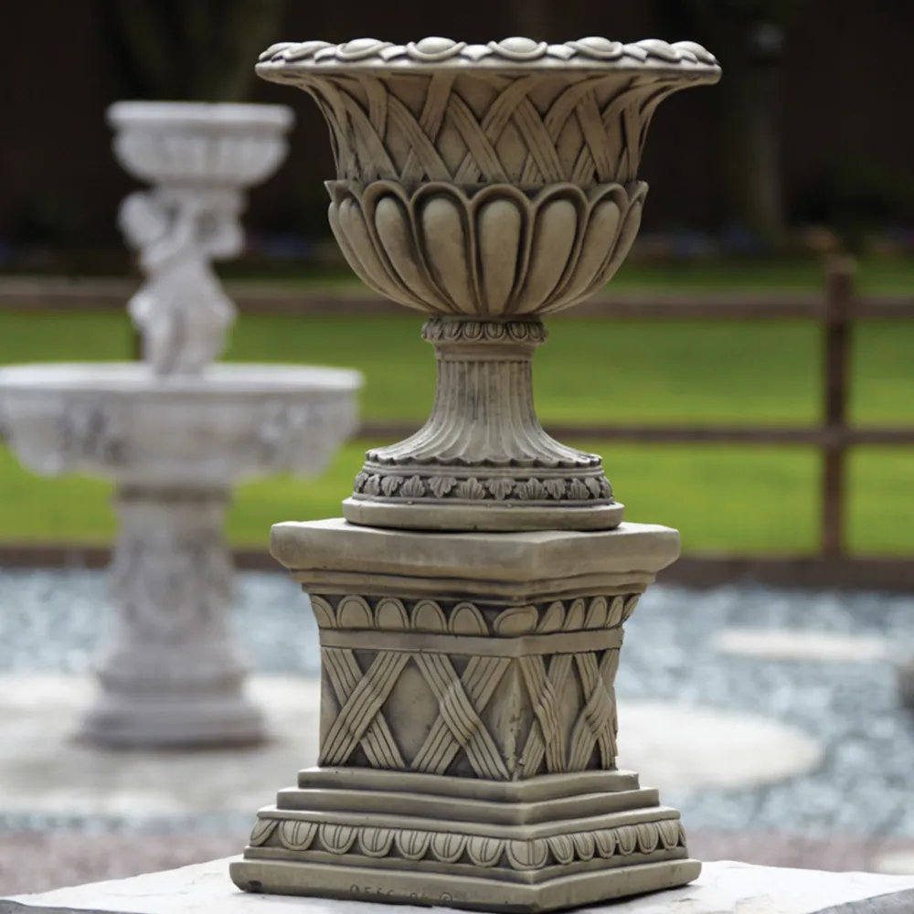 Statues & Sculptures Large|Round-Woven Stone Garden Planter on Pedestal