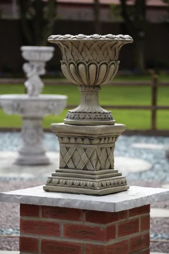 Statues & Sculptures Large|Round-Woven Stone Garden Planter on Pedestal
